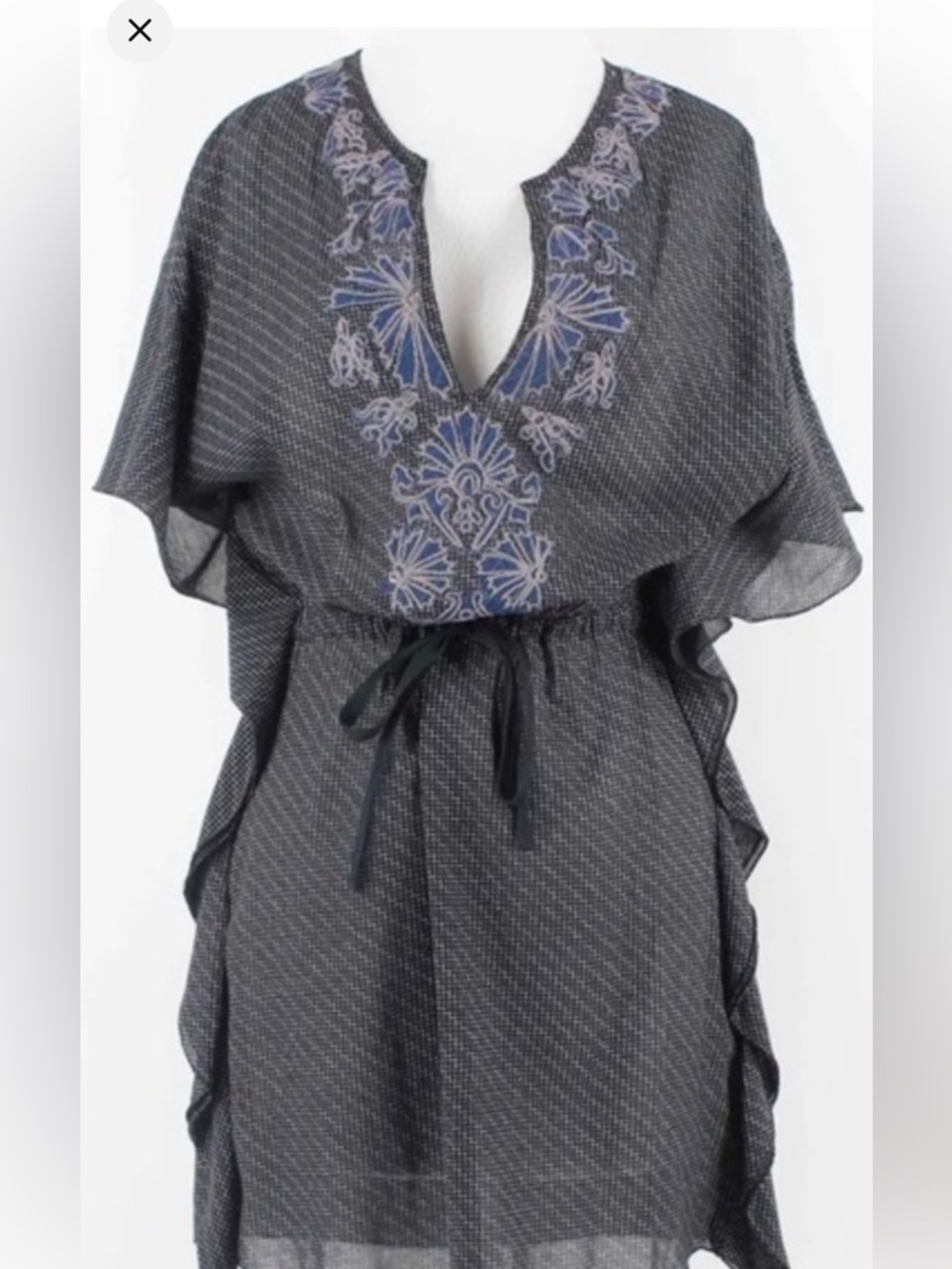 Free People Black Sheer Embroidered Kaftan with Blue Accents